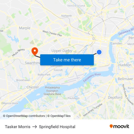 Tasker Morris to Springfield Hospital map