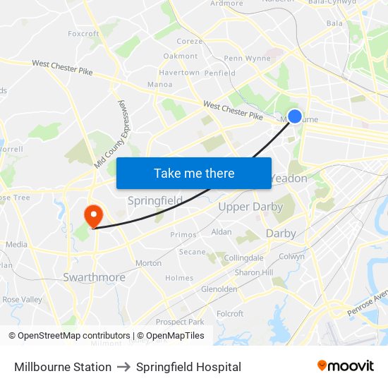 Millbourne Station to Springfield Hospital map