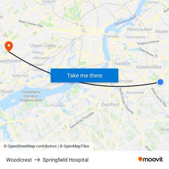Woodcrest to Springfield Hospital map