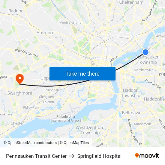 Pennsauken Transit Center to Springfield Hospital map