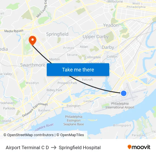 Airport Terminal C D to Springfield Hospital map