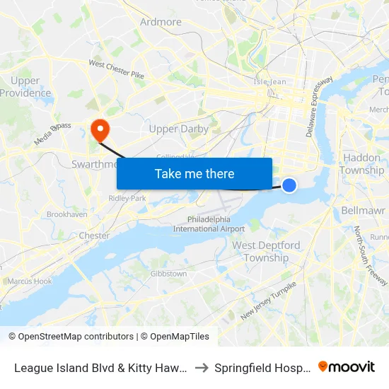 League Island Blvd & Kitty Hawk Av to Springfield Hospital map