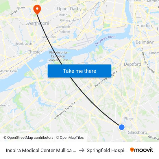 Inspira Medical Center Mullica Hill to Springfield Hospital map