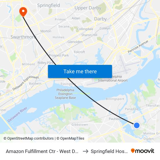 Amazon Fulfillment Ctr - West Deptford to Springfield Hospital map