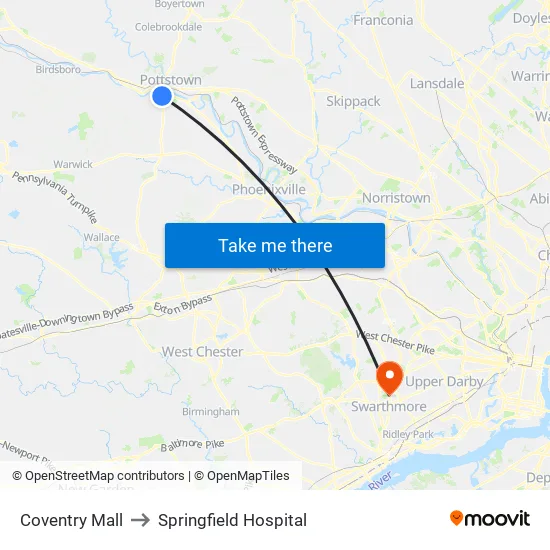 Coventry Mall to Springfield Hospital map