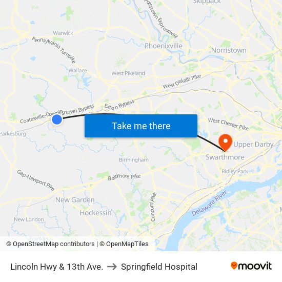 Lincoln Hwy & 13th Ave. to Springfield Hospital map