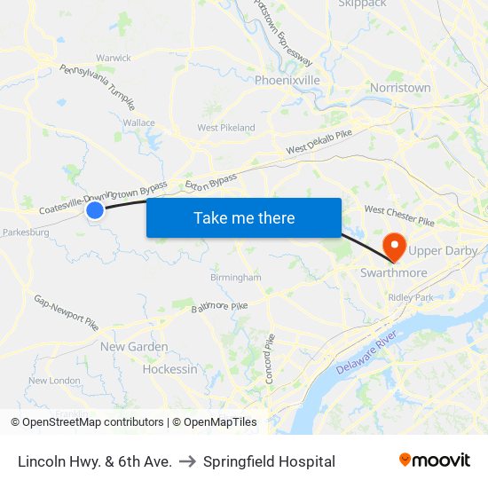 Lincoln Hwy. & 6th Ave. to Springfield Hospital map