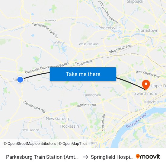 Parkesburg Train Station (Amtrak) to Springfield Hospital map