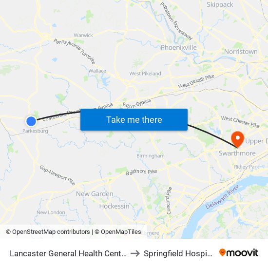Lancaster General Health Center to Springfield Hospital map