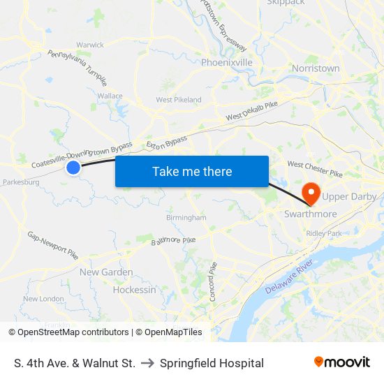 S. 4th Ave. & Walnut St. to Springfield Hospital map