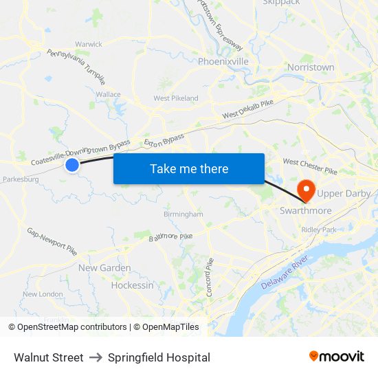 Walnut Street to Springfield Hospital map