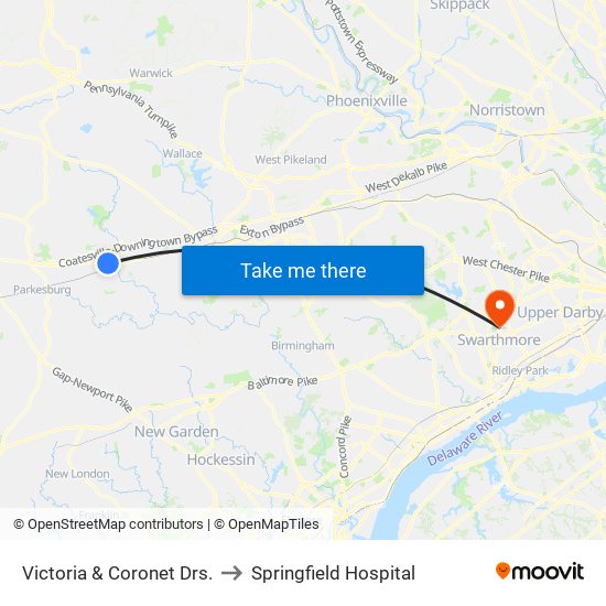 Victoria  &  Coronet Drs. to Springfield Hospital map