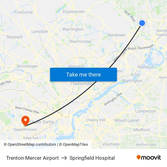 Trenton-Mercer Airport to Springfield Hospital map