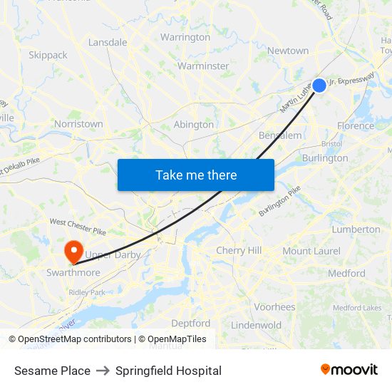 Sesame Place to Springfield Hospital map