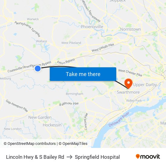 Lincoln Hwy & S Bailey Rd to Springfield Hospital map