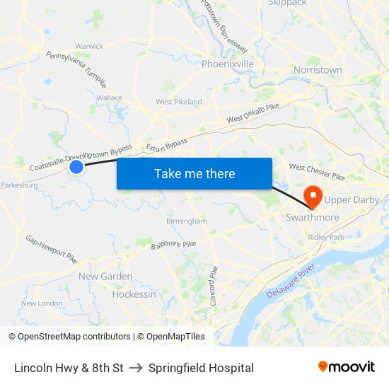 Lincoln Hwy & 8th St to Springfield Hospital map