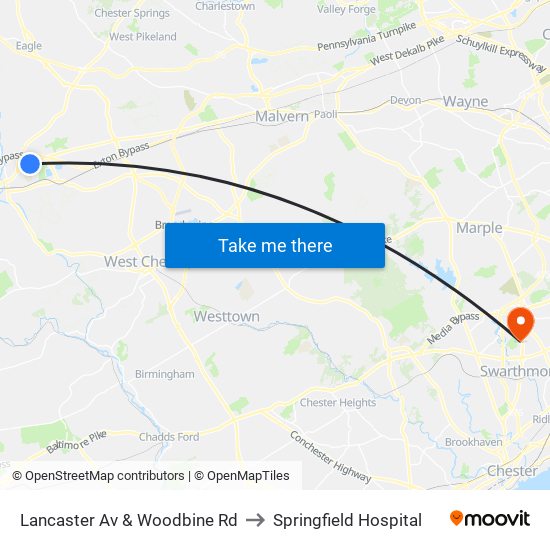 Lancaster Av & Woodbine Rd to Springfield Hospital map