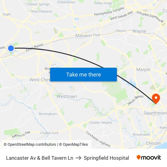 Lancaster Av & Bell Tavern Ln to Springfield Hospital map
