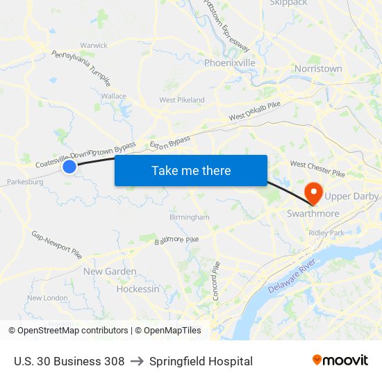 U.S. 30 Business 308 to Springfield Hospital map