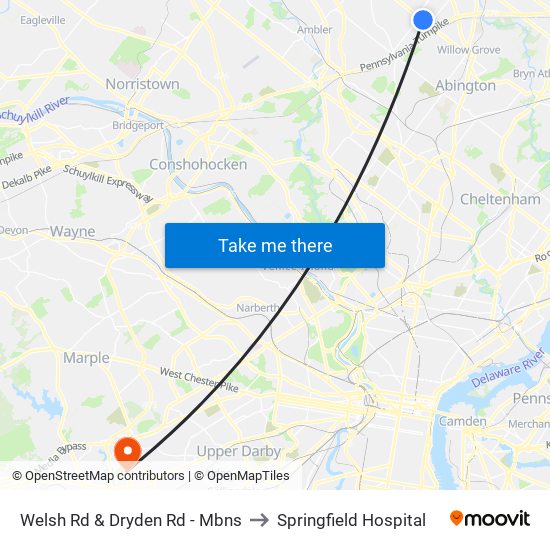 Welsh Rd & Dryden Rd - Mbns to Springfield Hospital map