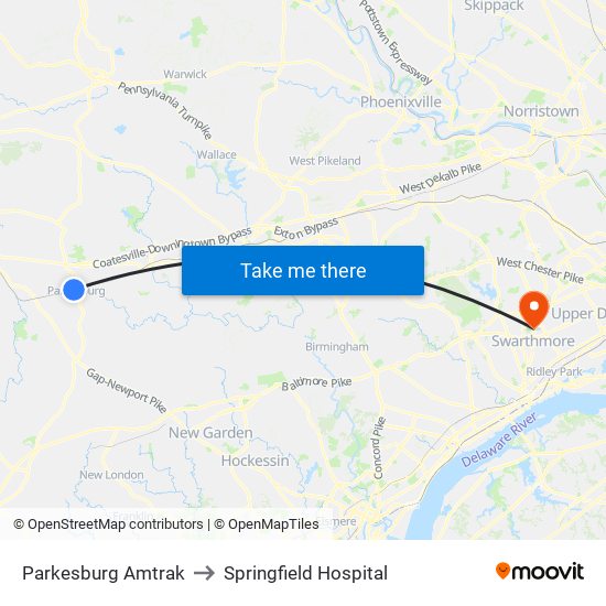 Parkesburg Amtrak to Springfield Hospital map