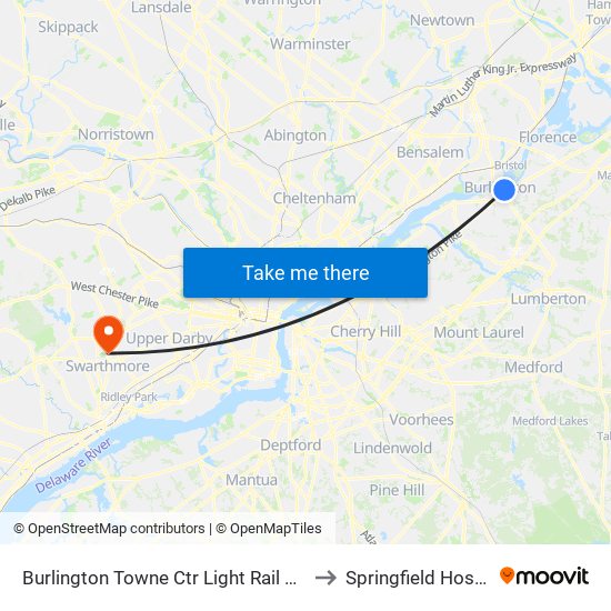 Burlington Towne Ctr Light Rail Station to Springfield Hospital map