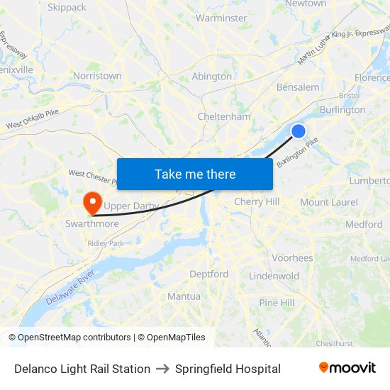 Delanco Light Rail Station to Springfield Hospital map