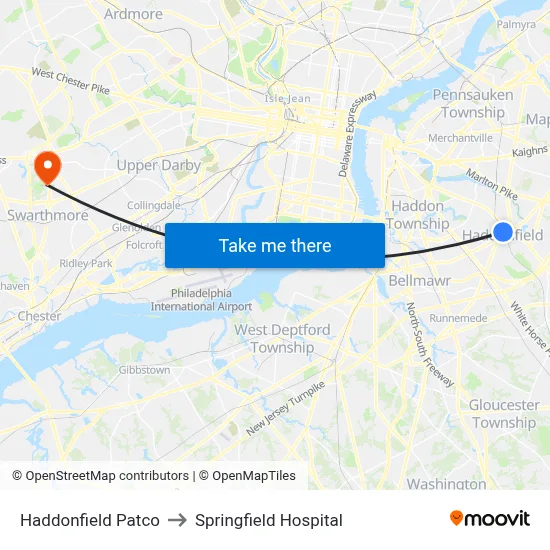 Haddonfield Patco to Springfield Hospital map