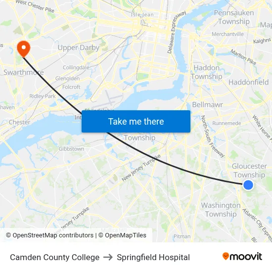 Camden County College to Springfield Hospital map