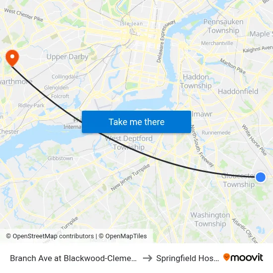 Branch Ave at Blackwood-Clementon Rd to Springfield Hospital map