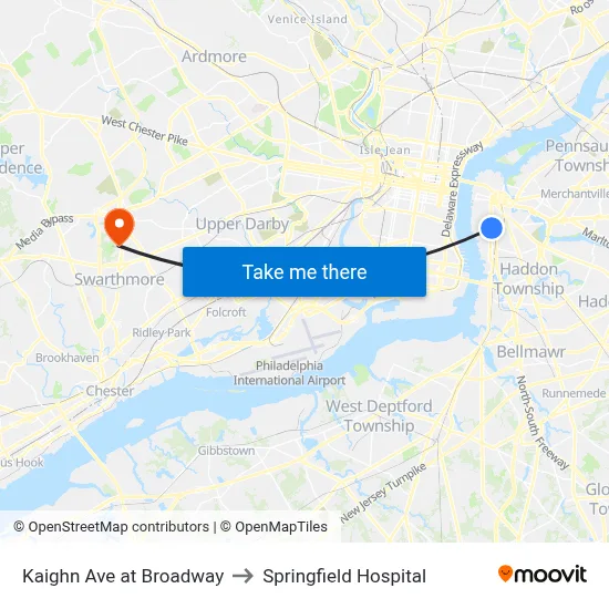 Kaighn Ave at Broadway to Springfield Hospital map