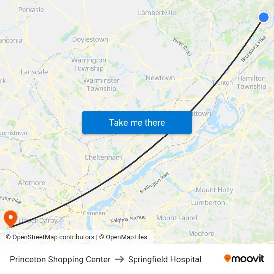 Princeton Shopping Center to Springfield Hospital map