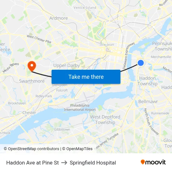 Haddon Ave at Pine St to Springfield Hospital map
