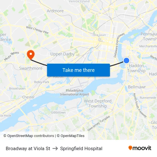 Broadway at Viola St to Springfield Hospital map