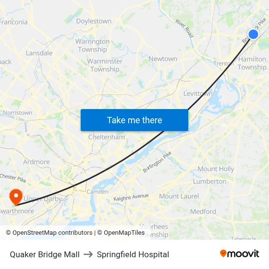 Quaker Bridge Mall to Springfield Hospital map