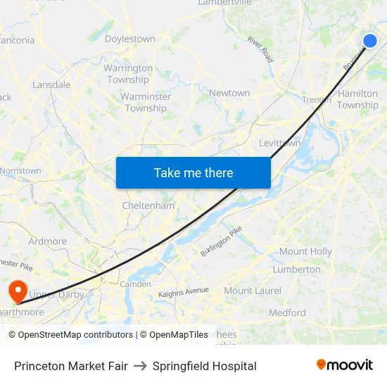 Princeton Market Fair to Springfield Hospital map