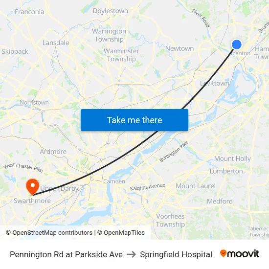 Pennington Rd at Parkside Ave to Springfield Hospital map