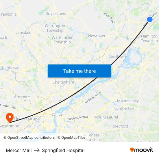 Mercer Mall to Springfield Hospital map