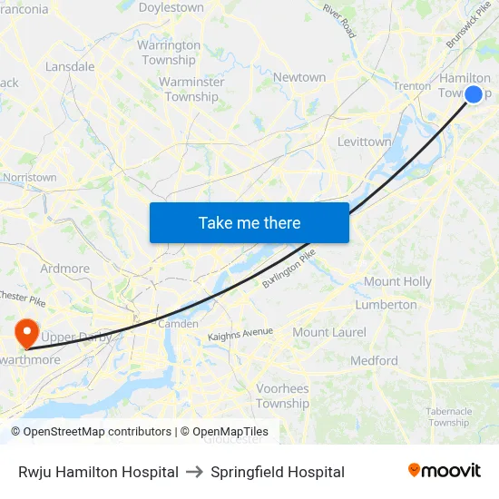 Rwju Hamilton Hospital to Springfield Hospital map