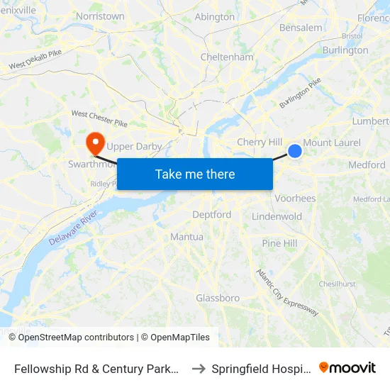 Fellowship Rd & Century Parkway to Springfield Hospital map