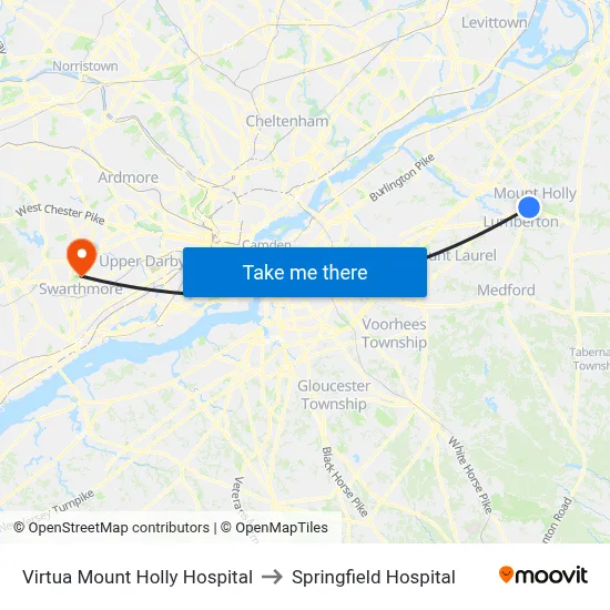 Virtua Mount Holly Hospital to Springfield Hospital map