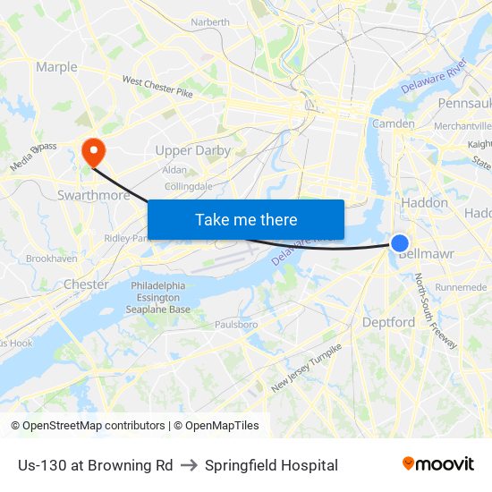 Us-130 at Browning Rd to Springfield Hospital map