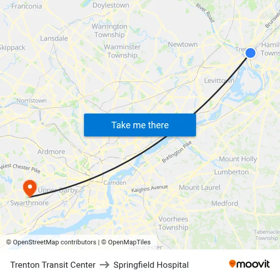 Trenton Transit Center to Springfield Hospital map