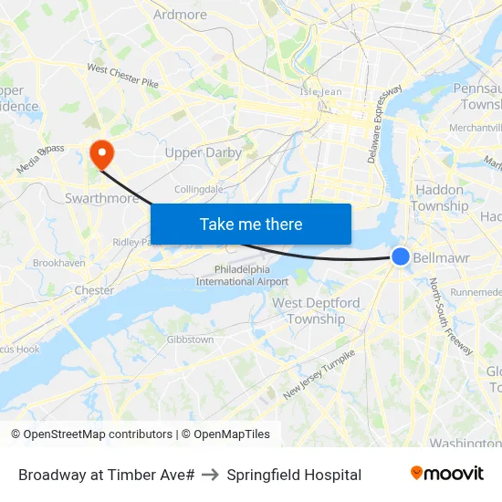 Broadway at Timber Ave# to Springfield Hospital map