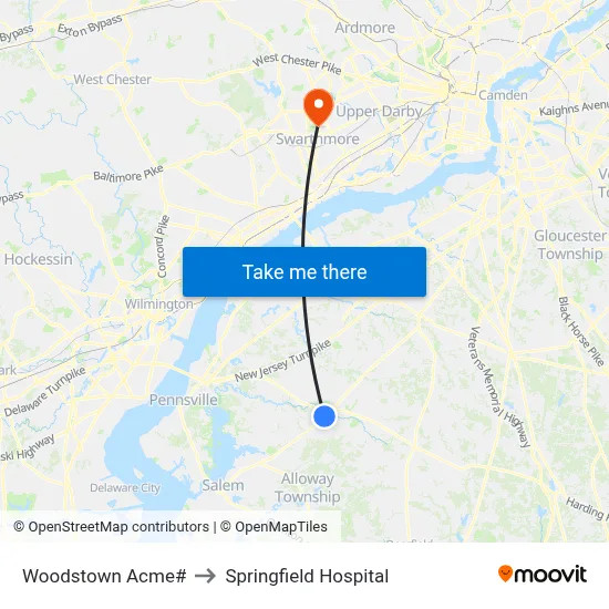 Woodstown Acme# to Springfield Hospital map