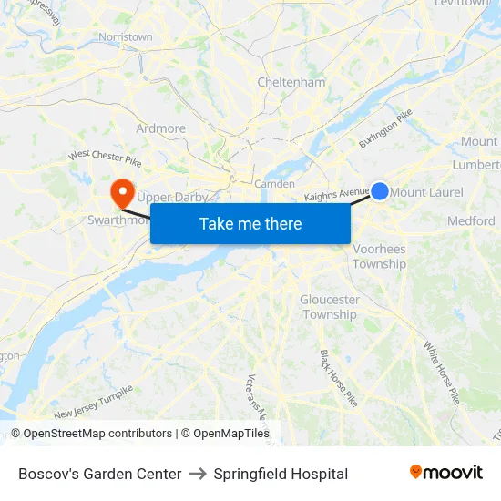Boscov's Garden Center to Springfield Hospital map