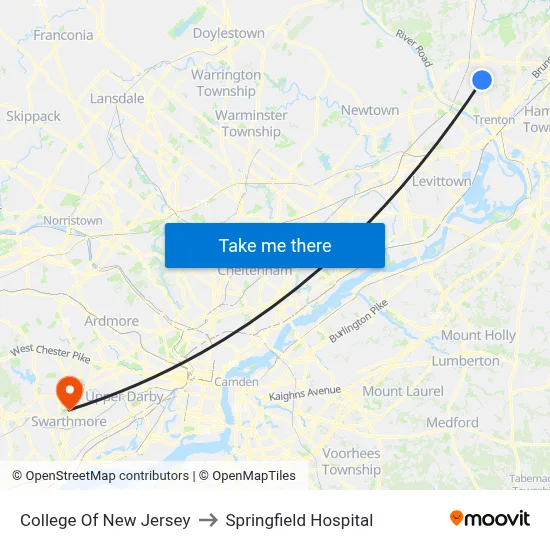 College Of New Jersey to Springfield Hospital map