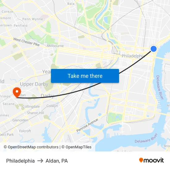 Philadelphia to Aldan, PA map