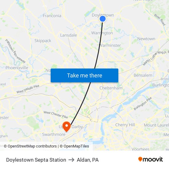 Doylestown Septa Station to Aldan, PA map