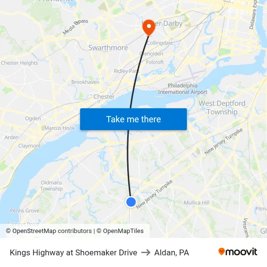 Kings Highway at Shoemaker Drive to Aldan, PA map